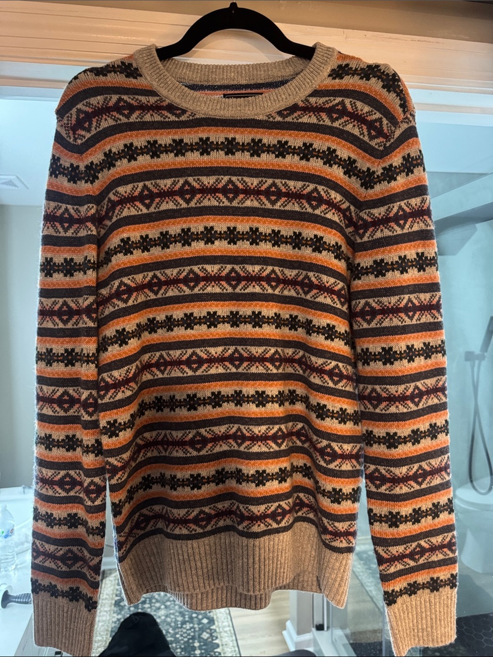 Abercrombie & Fitch Beige Crewneck Sweater with Orange & Black Fair Isle